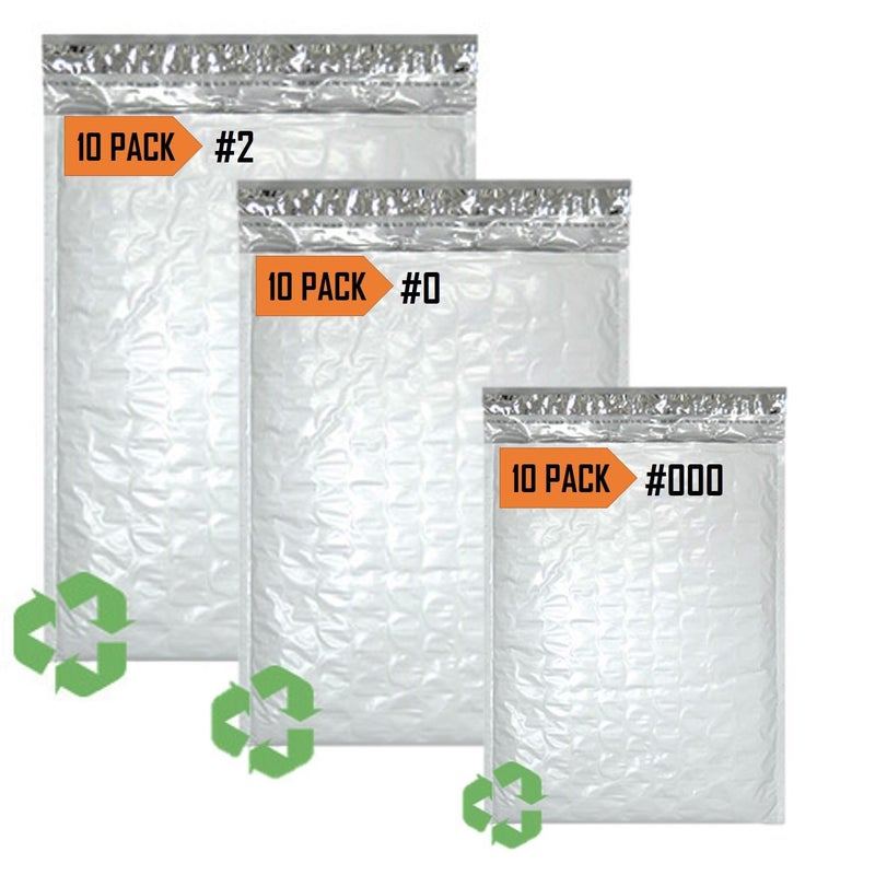 Sales4Less Poly Bubble Mailers #2 8.5X12 10 Pack, 0 6X10 10 Pack, 000 4X8 10 Pack Padded Envelope Mailer Waterproof Variety Pack, White - Image 1